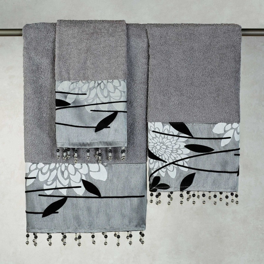 Bath Touch of Class | Erica Gray Floral Bath Towel Set With Bead Tassels