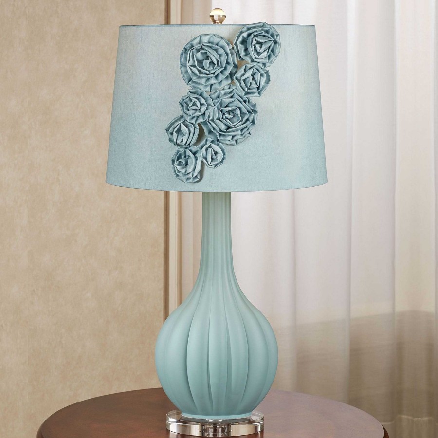 Home Accents Touch of Class | Sarabeth Pastel Blue Frosted Glass Table Lamp With Fabric Flower Blossom Shade