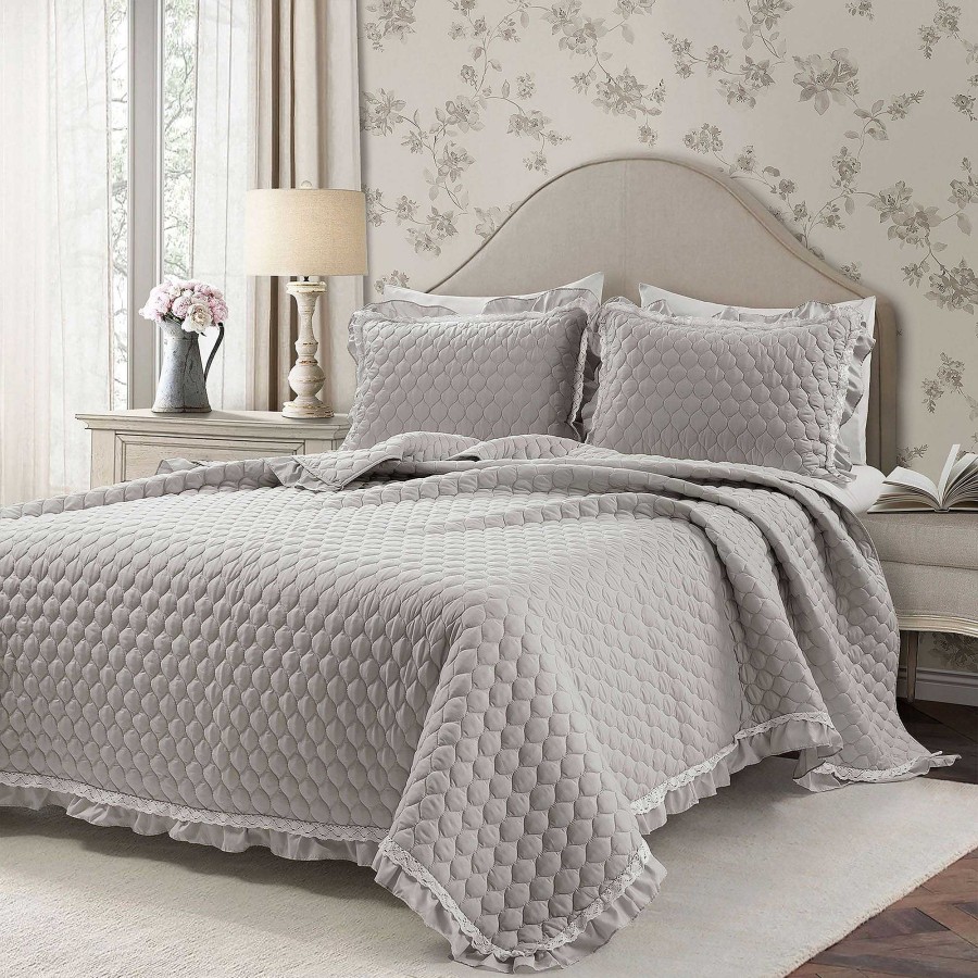 Bedding Touch of Class | Abigail Light Gray Ruffle Trim Mini Quilt Set Bedding