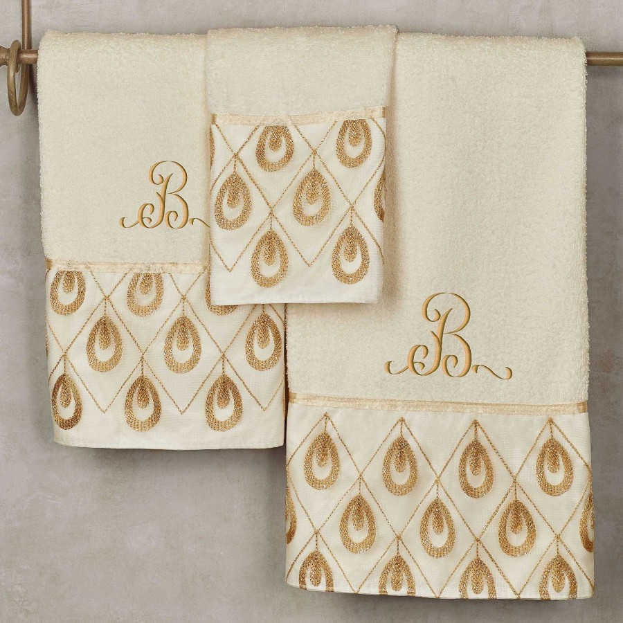 Bath Touch of Class | Seraphina Light Cream And Gold Embroidered Bath Towel Set