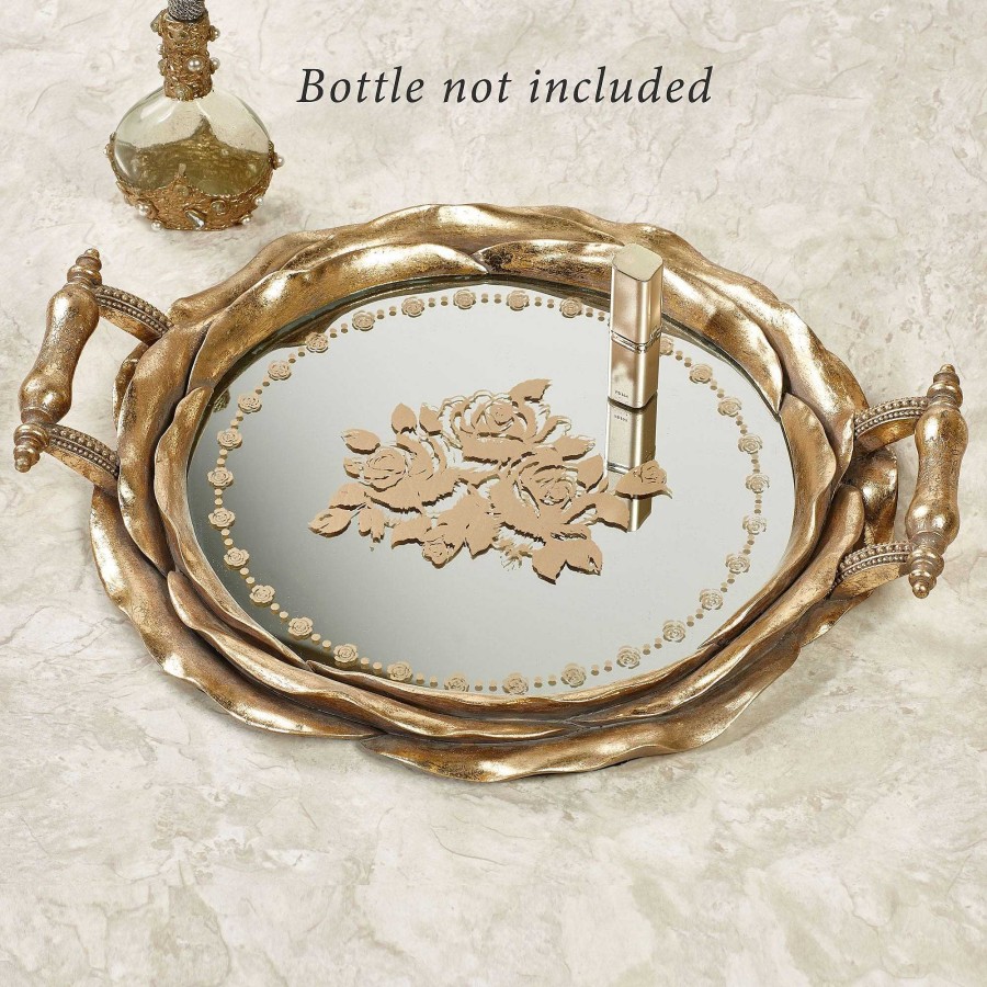 Bath Touch of Class | Blossoming Rose Baroque Gold Round Mirrored Vanity Tray