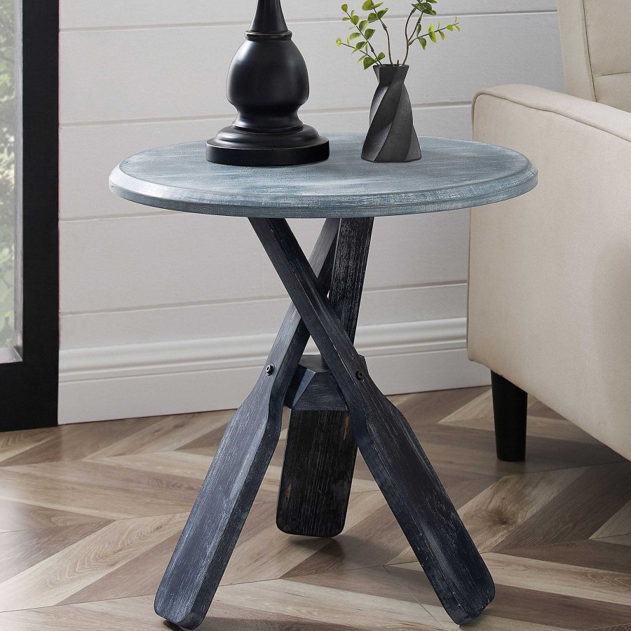 Furniture Touch of Class | Odel Blue Lakehouse Style Round Wooden Side Table With Oar Legs