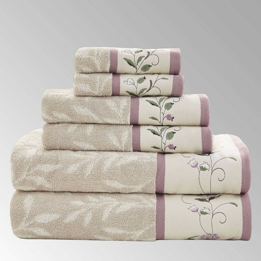 Bath Touch of Class | Floral Serenity Khaki And Lavender 6 Pc Bath Towel Set