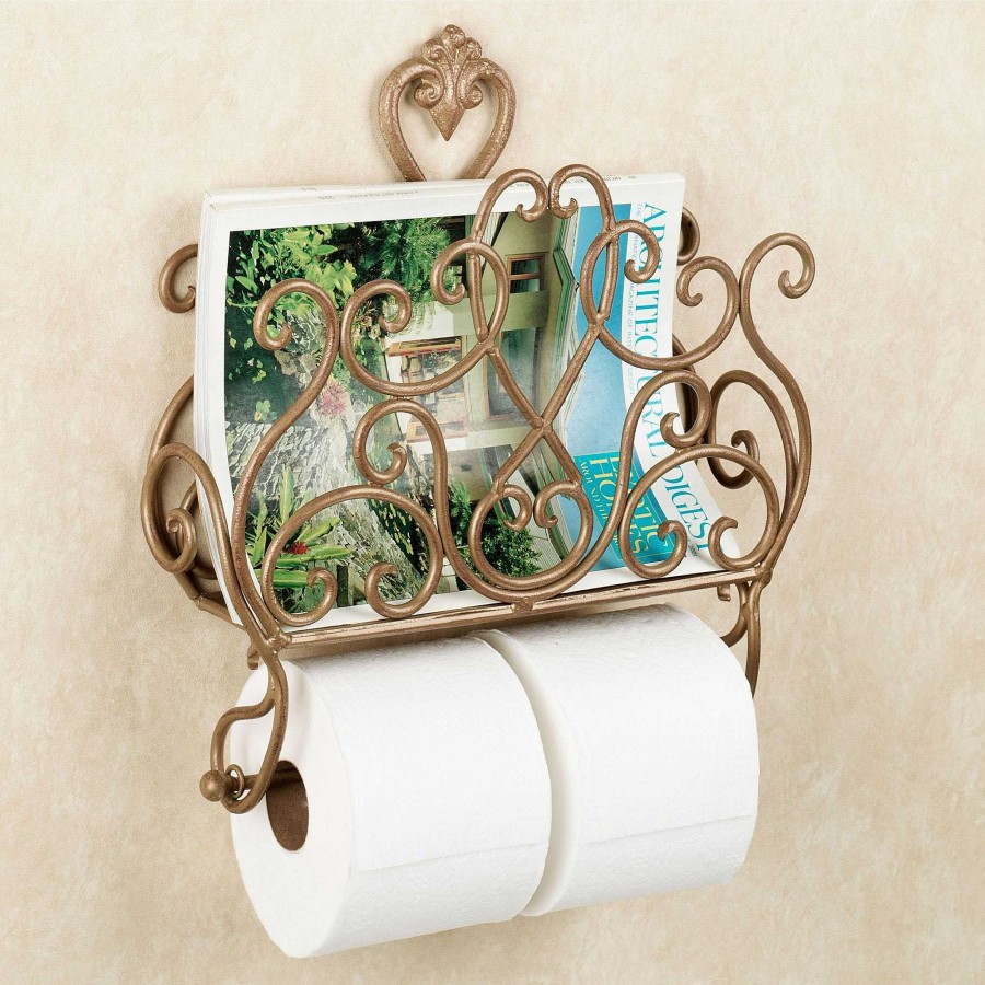 Bath Touch of Class | Aldabella Satin Gold Wall Magazine Rack With Toilet Paper Holder