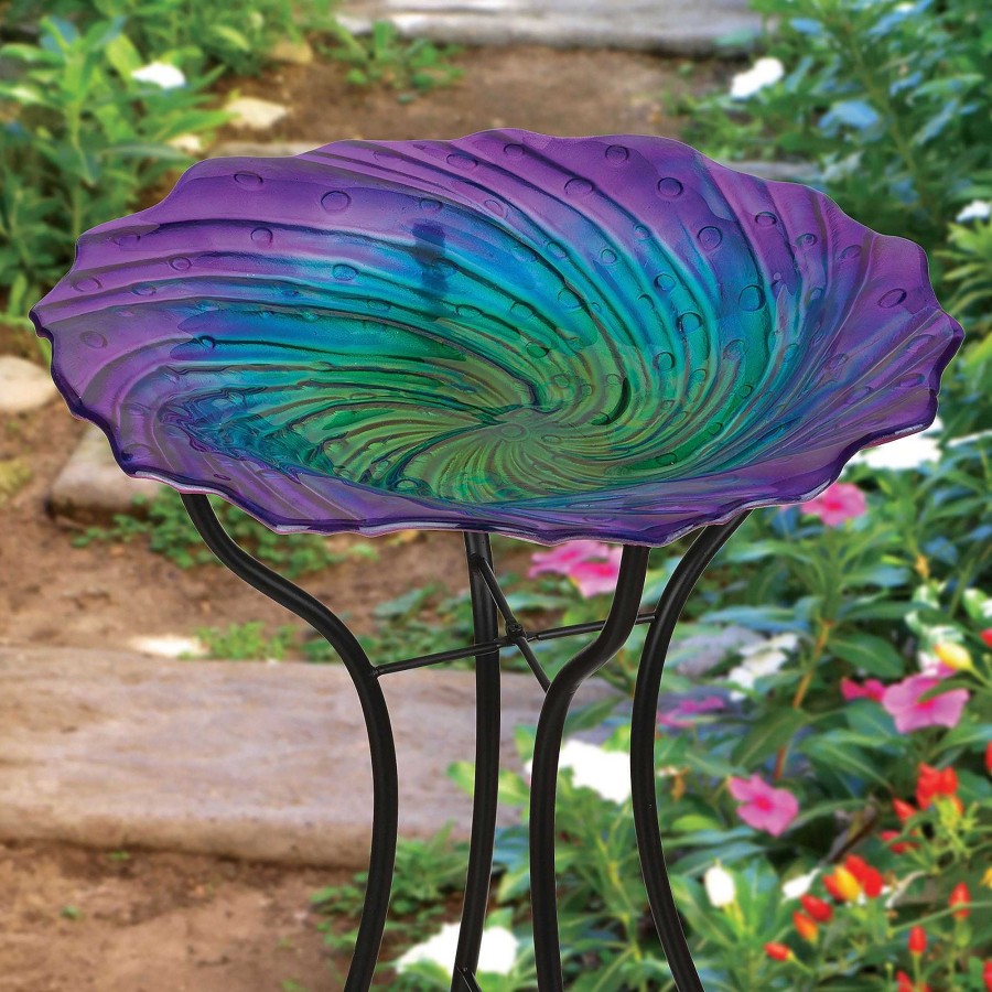 Home Accents Touch of Class | Serene Iridescent Glass Birdbath Bowl With Metal Stand