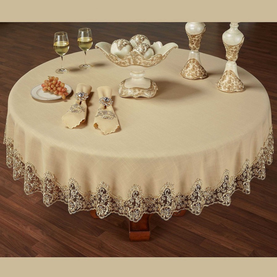 Kitchen Touch of Class | Florentina Antique Gold Lace Trim Round Tablecloth