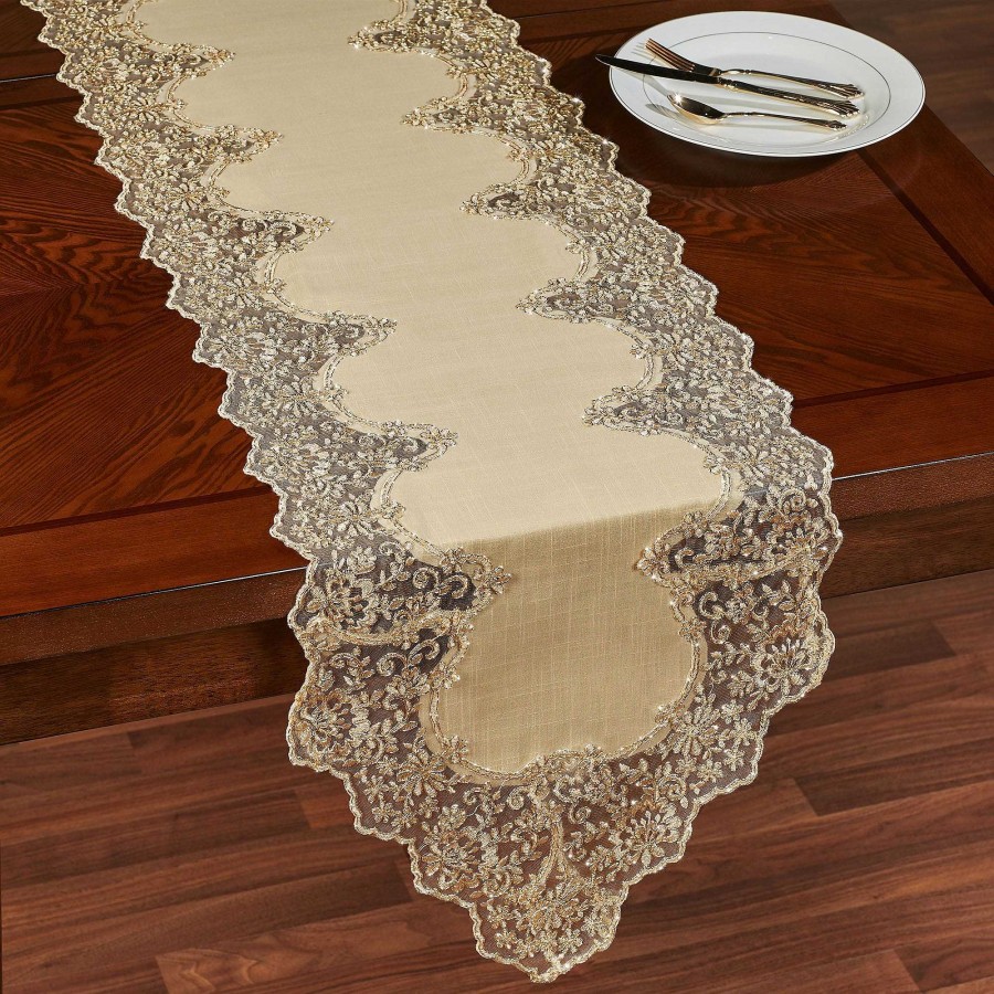 Kitchen Touch of Class | Florentina Antique Gold Lace Trim Table Runner And Accessories