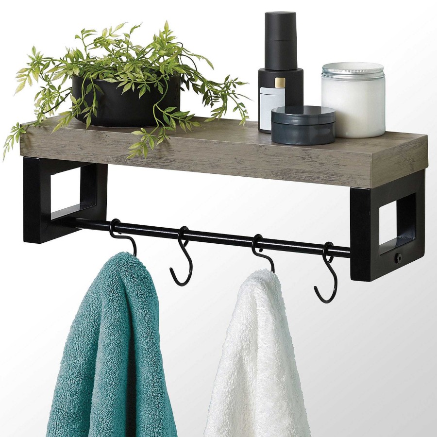 Bath Touch of Class | Rugged Refinement Modern Farmhouse Wooden And Metal Wall Shelf With Hooks