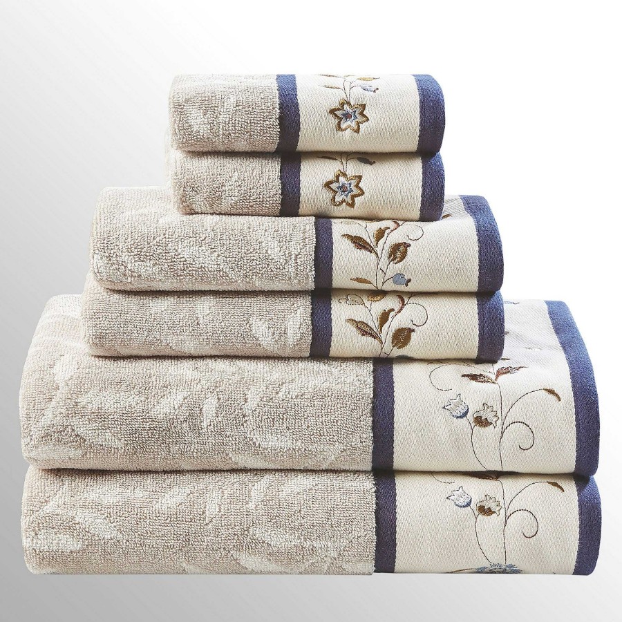 Bath Touch of Class | Floral Serenity Khaki And Navy 6 Pc Bath Towel Set