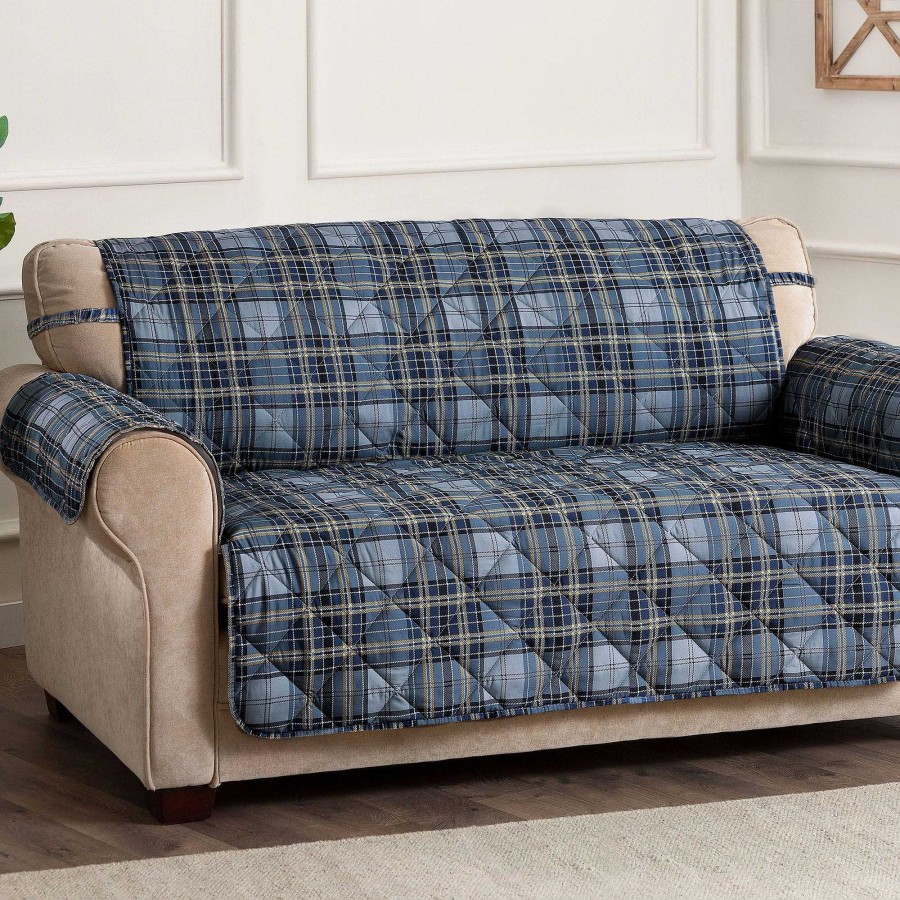 Furniture Touch of Class | Burnett Plaid Secure Fit Sofa Protector With Straps And Tuck Noodles Navy