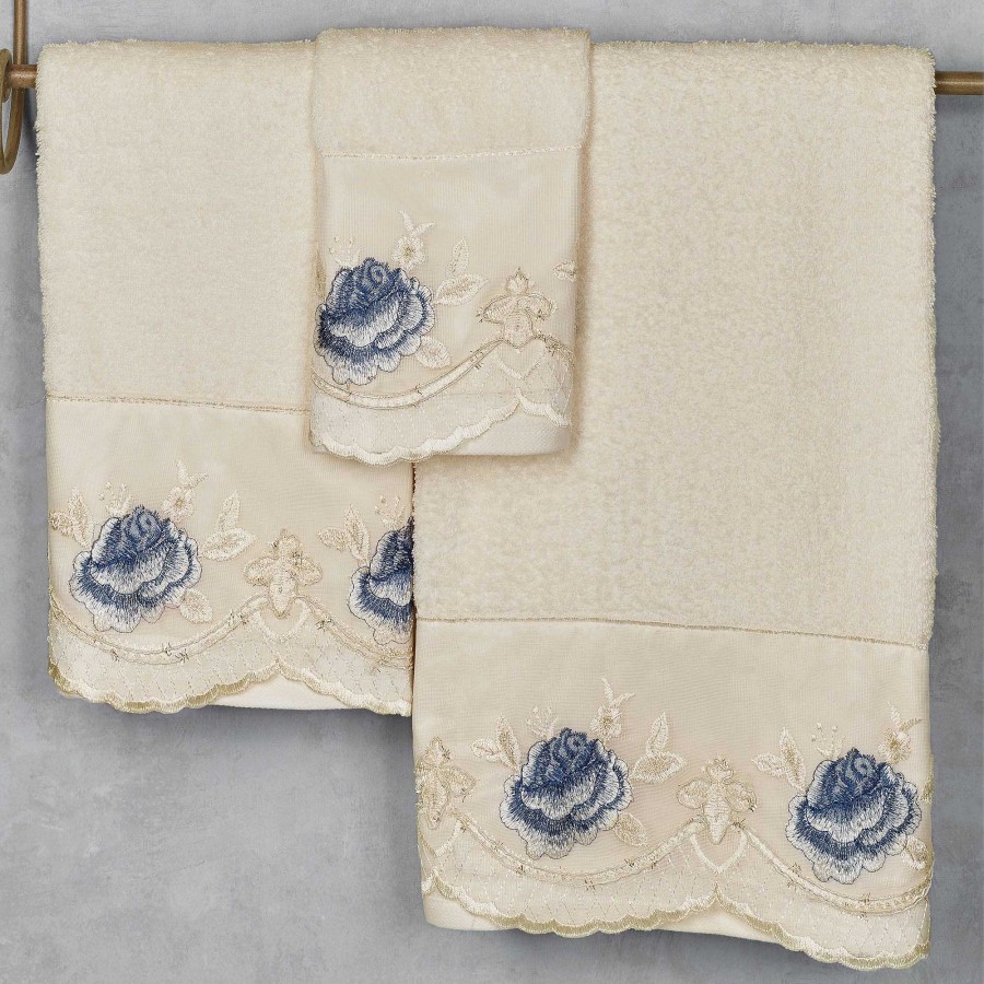 Bath Touch of Class | Blossom Rose Light Cream Embroidered Floral Bath Towel Set