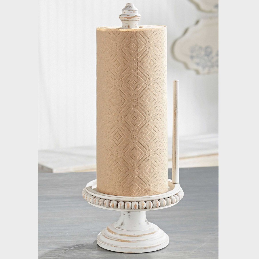 Kitchen Touch of Class | Beaded Whitewash Mango Wood Paper Towel Holder