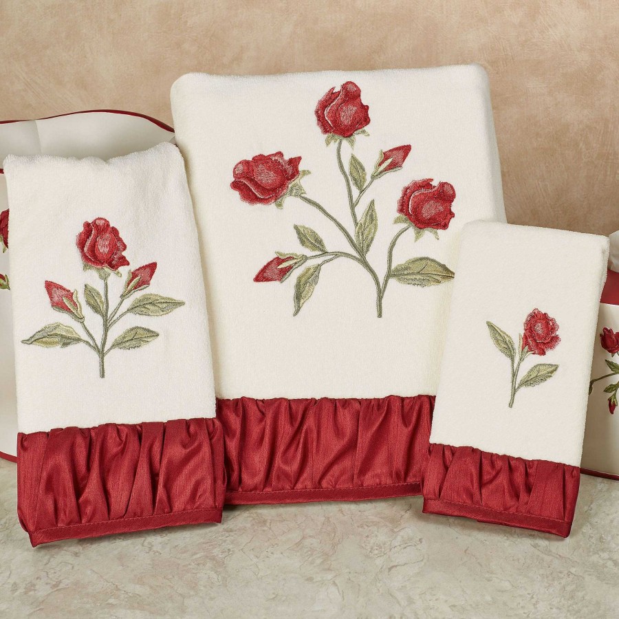 Bath Touch of Class | Briar Rose Embroidered Red Floral Bath Towel Set