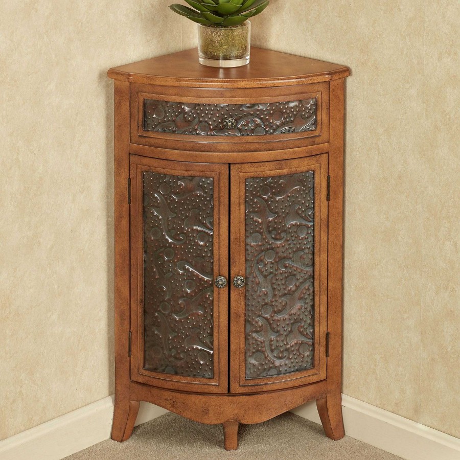 Furniture Touch of Class | Lonzbard Pecan Finished Corner Storage Accent Cabinet