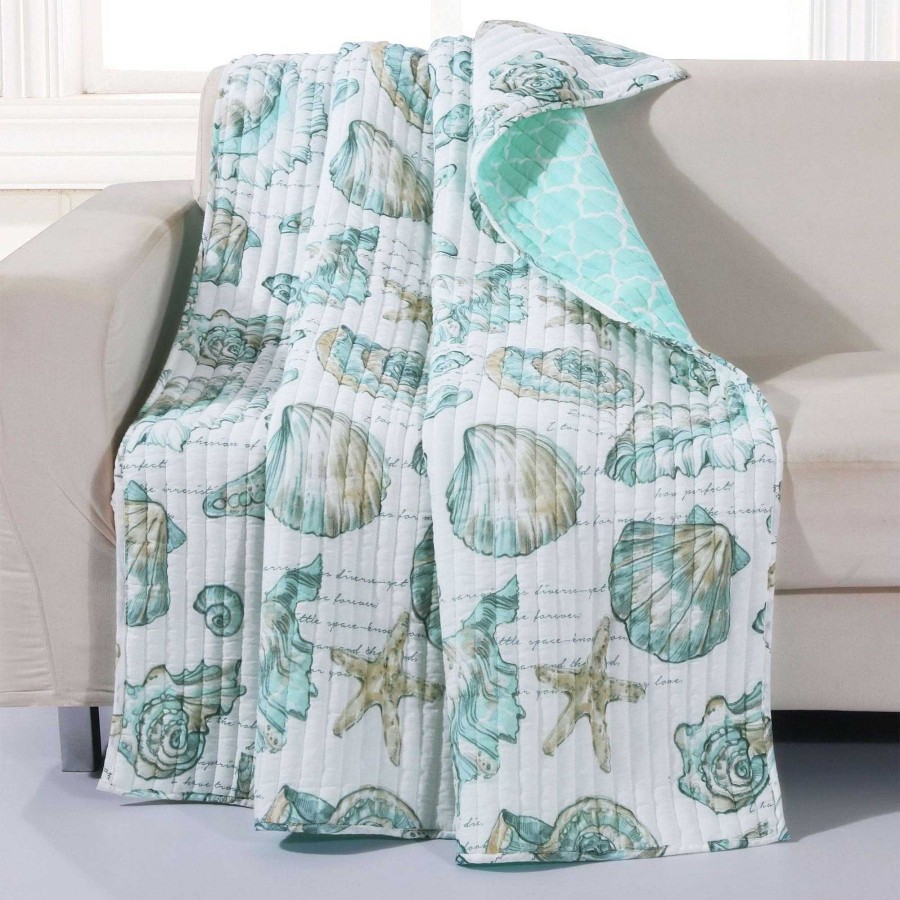 Bedding Touch of Class | Cruz Turquoise Seashell Reversible Coastal Quilted Throw Blanket