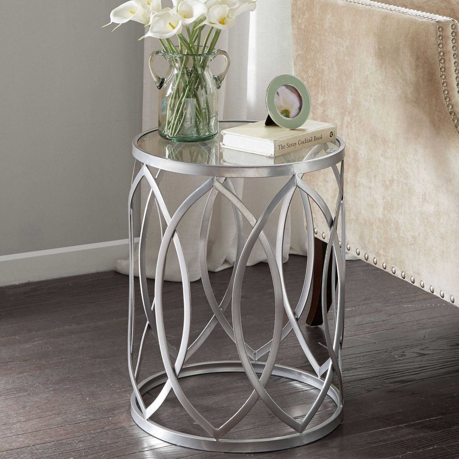 Furniture Touch of Class | Arrio Silver Metal Round Accent Table With Glass Top