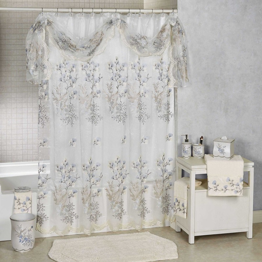 Bath Touch of Class | Capri Embroidered Floral Sheer Shower Curtain With Valance