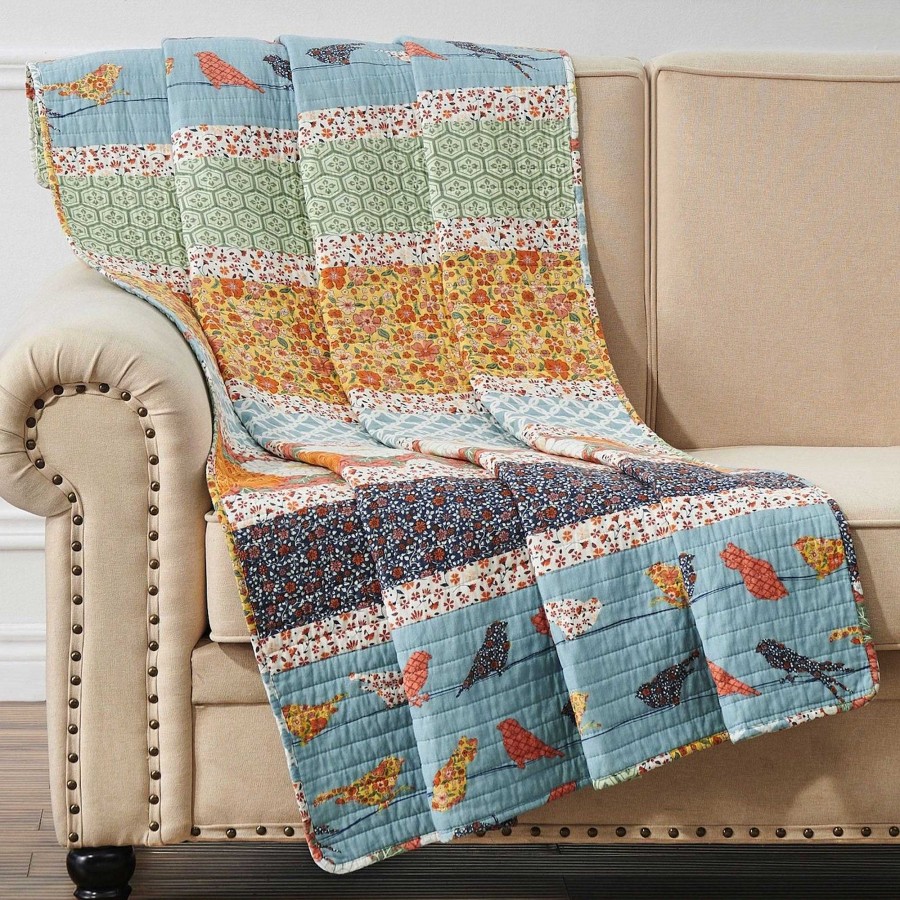 Bedding Touch of Class | Calico Stripe Reversible Bird And Floral Throw Blanket By Barefoot Bungalow