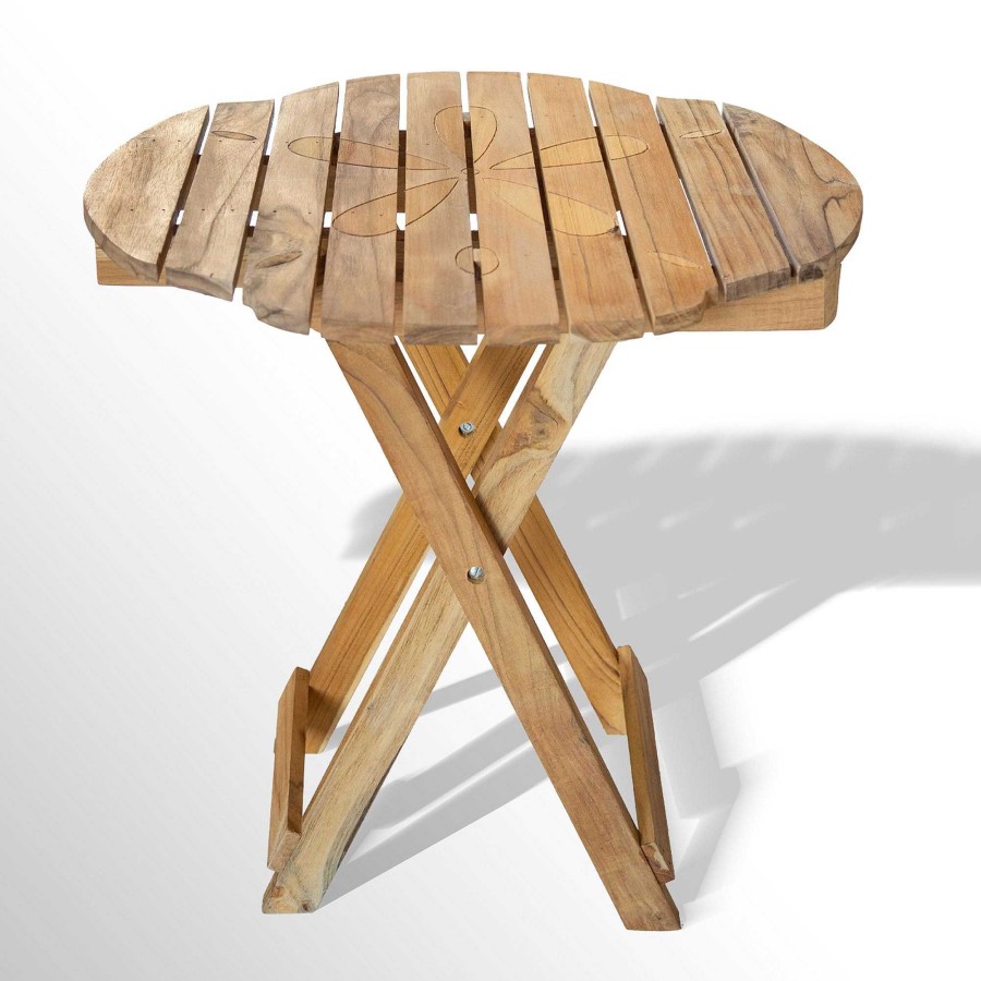 Furniture Touch of Class | Teak Coastal Sand Dollar Indoor Outdoor Slatted Wood Folding Accent Table