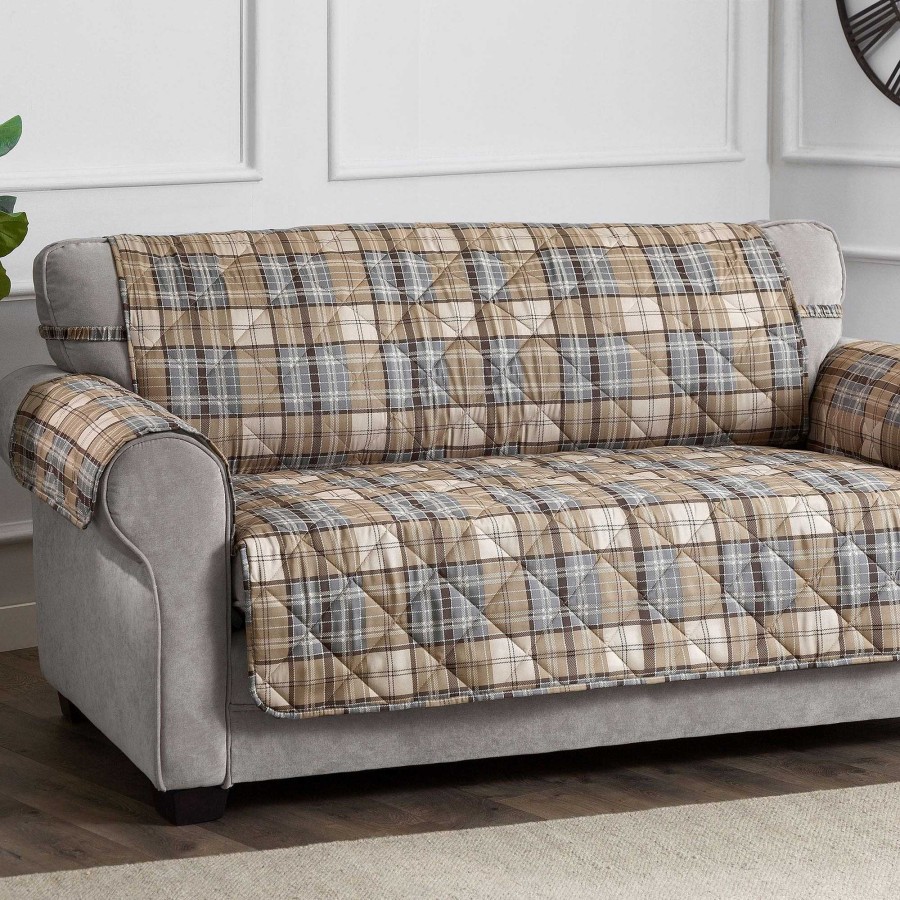 Furniture Touch of Class | Burnett Plaid Secure Fit Sofa Protector With Straps And Tuck Noodles Navy