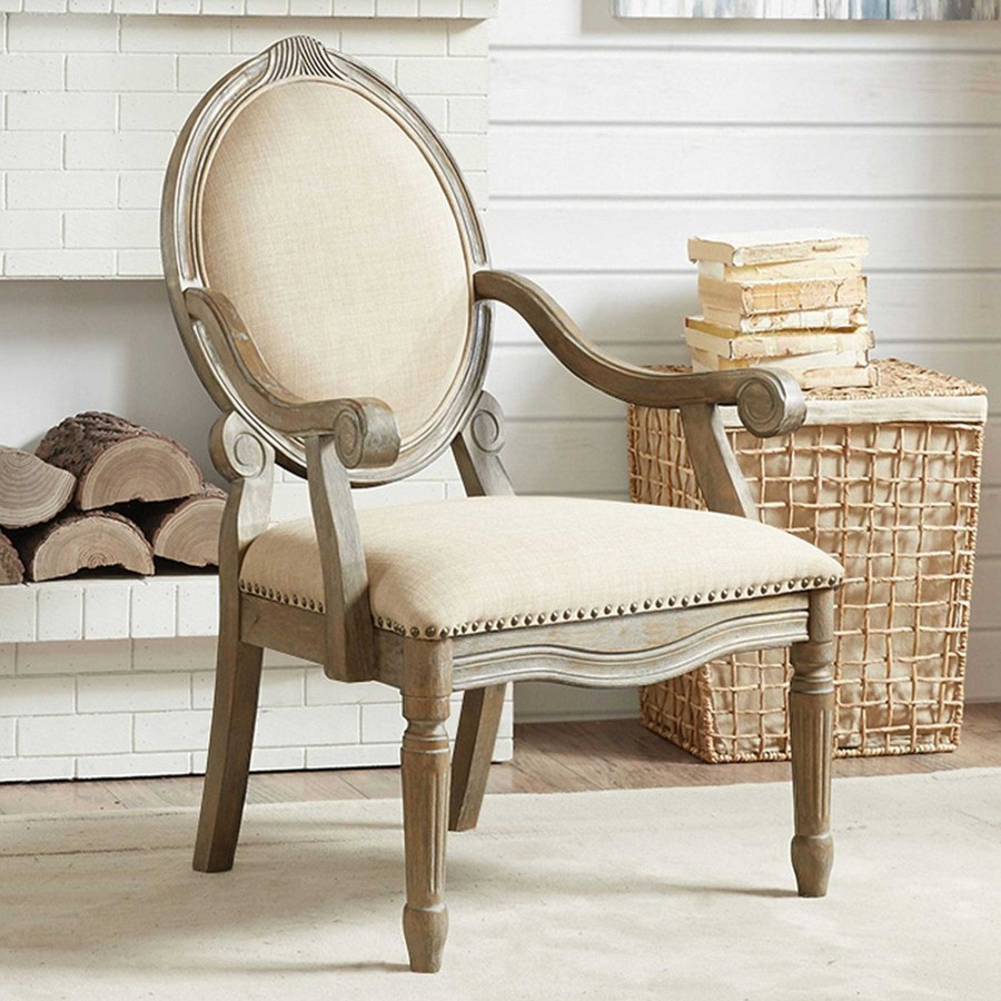 Furniture Touch of Class | Hanna Beige Upholstered Handcarved Wood Arm Chair