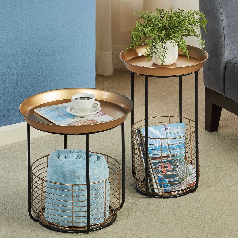 Furniture Touch of Class | Macayle Round Metal Accent Tables With Wire Storage Baskets Set