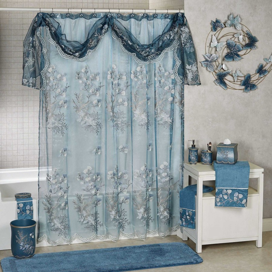 Bath Touch of Class | Capri Ii Blue Embroidered Floral Sheer Shower Curtain With Valance