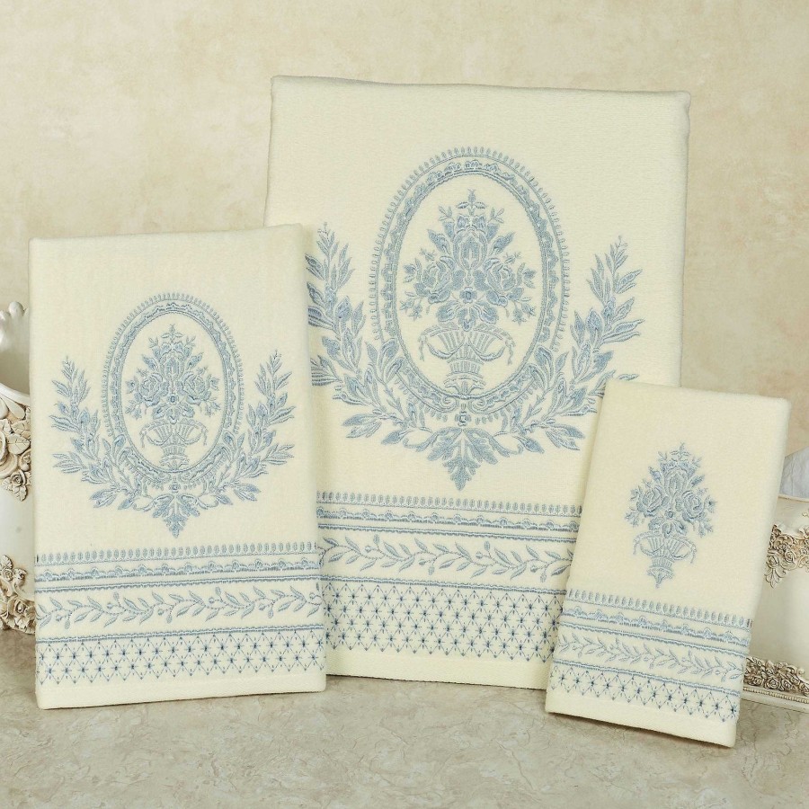 Bath Touch of Class | Contessa Light Cream And Powder Blue Cotton Velour Embroidered Bath Towel Set