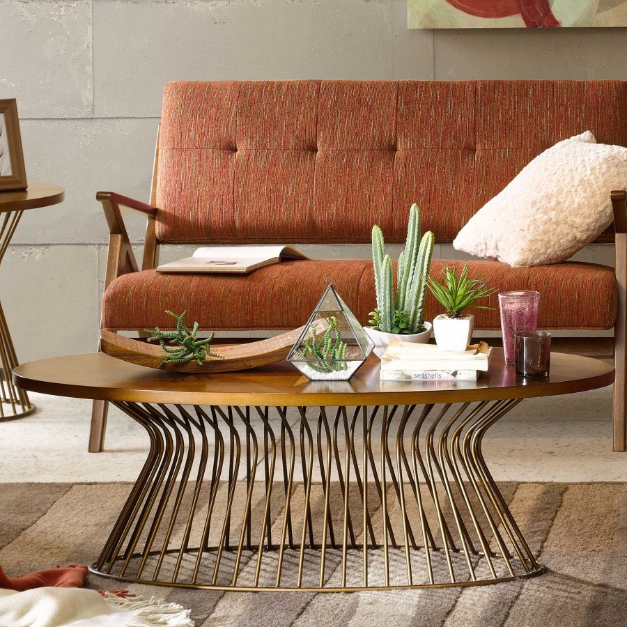 Furniture Touch of Class | Kyle Mid Century Modern Metal Wire Oval Coffee Table With Wooden Top