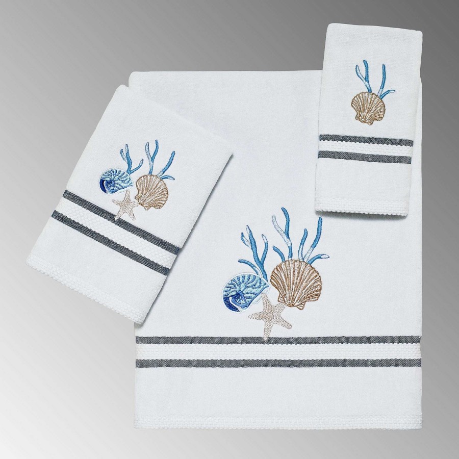 Bath Touch of Class | Blue Lagoon Embroidered Seashell Coastal Bath Towel Set