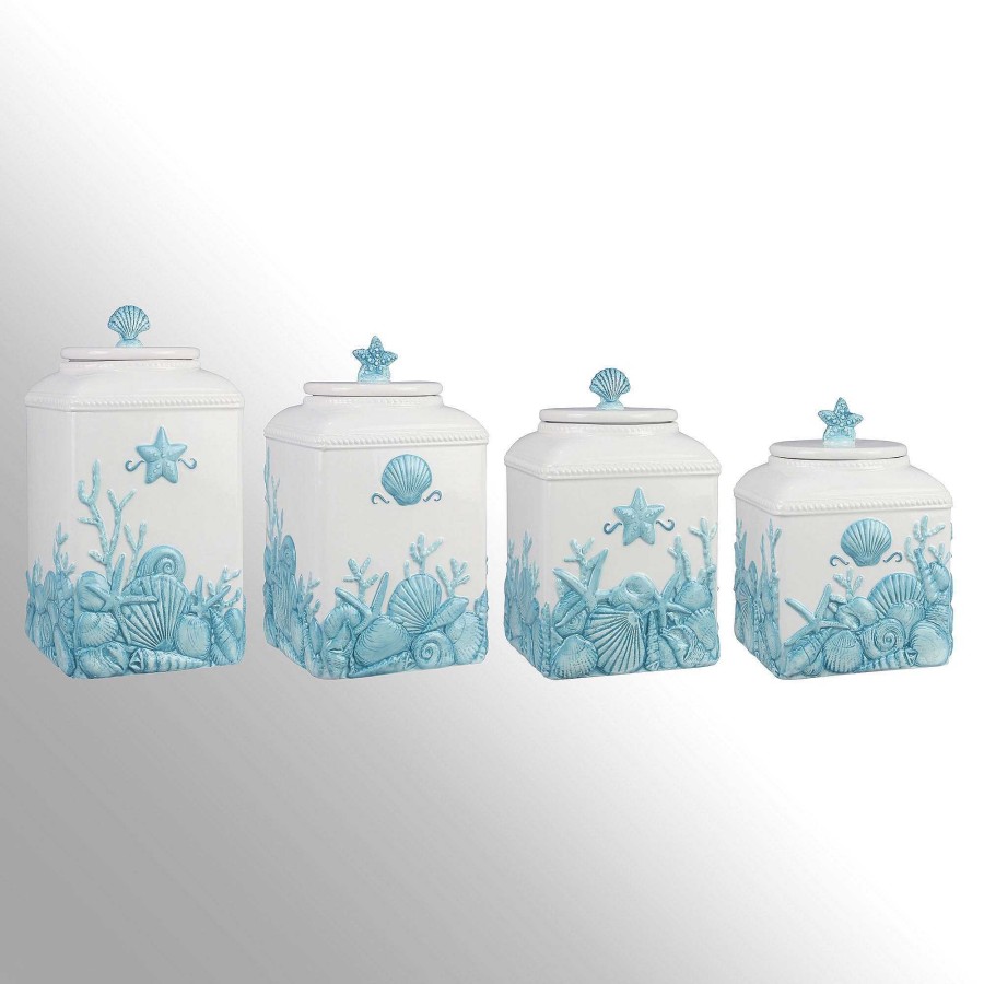 Kitchen Touch of Class | Shell Medley White And Blue Coastal Ceramic Kitchen Canister Set Of 4