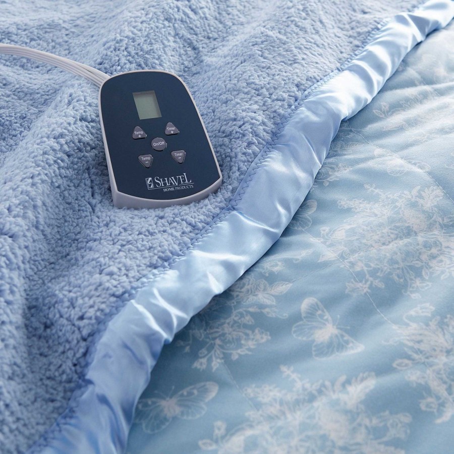 Bedding Touch of Class | Micro Flannel(R) Wedgewood Blue Toile Electric Heated Blanket With Sherpa Back