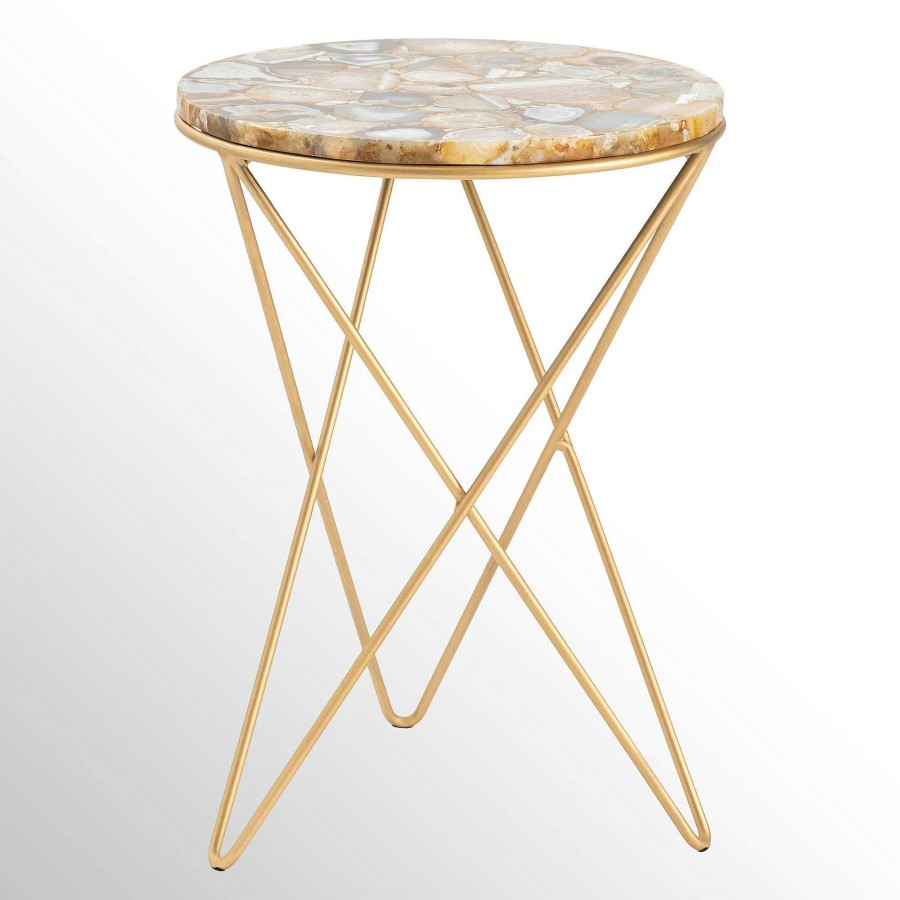 Furniture Touch of Class | Olivia Gold Metal Accent Table With Round Agate Stone Top