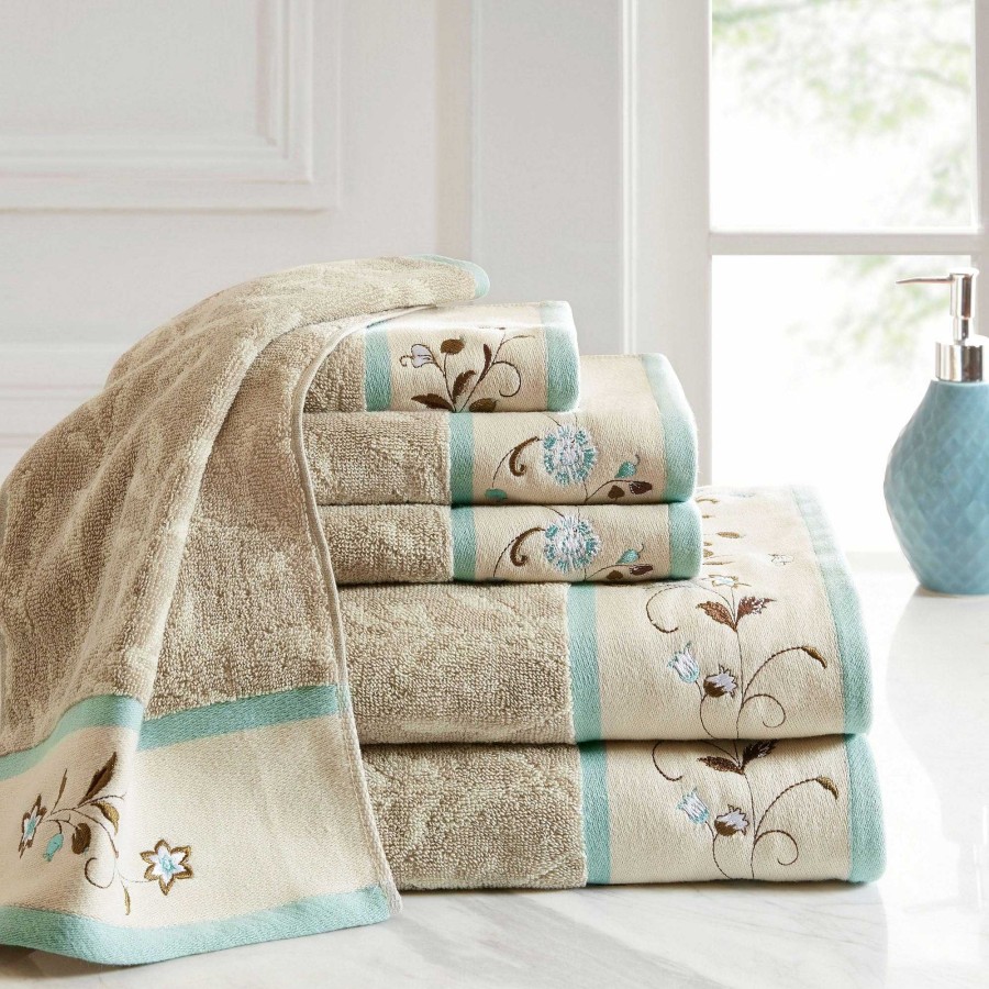 Bath Touch of Class | Floral Serenity Khaki And Pastel Blue 6 Pc Bath Towel Set