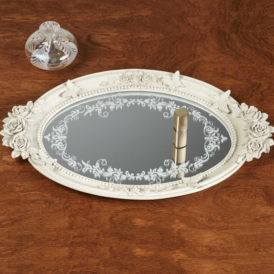 Bath Touch of Class | Butterfly In Roses Antique White Mirrored Vanity Tray