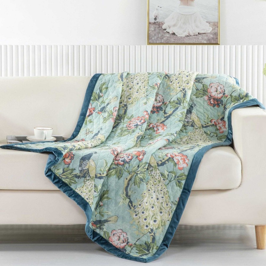 Bedding Touch of Class | Pavona Celadon Peacock Floral Quilted Throw Blanket