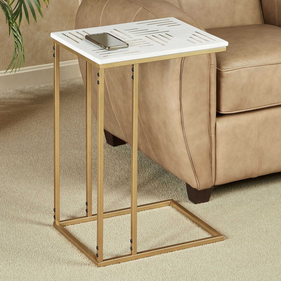 Furniture Touch of Class | Stardust Gold Metal And White Marble Pull Up C Shaped Table For Couch