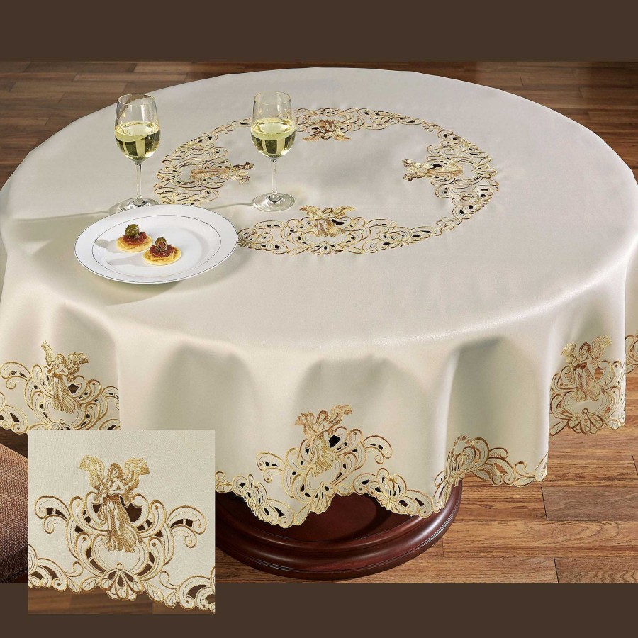 Kitchen Touch of Class | Angelica Embroidered Angel Round Tablecloth And Table Linens