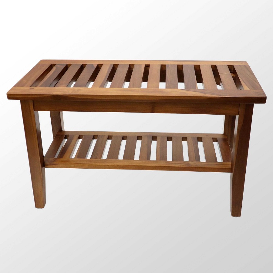 Bath Touch of Class | Jonas Indoor Outdoor Slatted Teak Wood Bench With Bottom Shelf