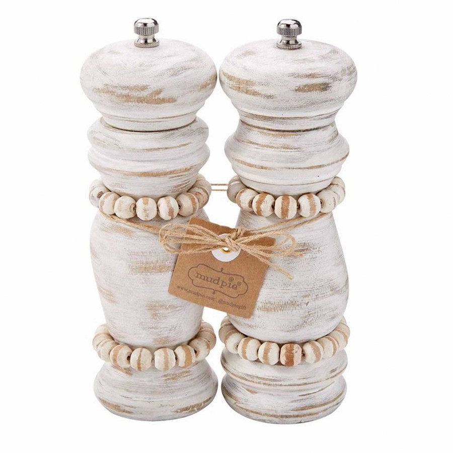 Kitchen Touch of Class | Beaded Whitewash Mango Wood Salt And Pepper Grinder Shaker Set