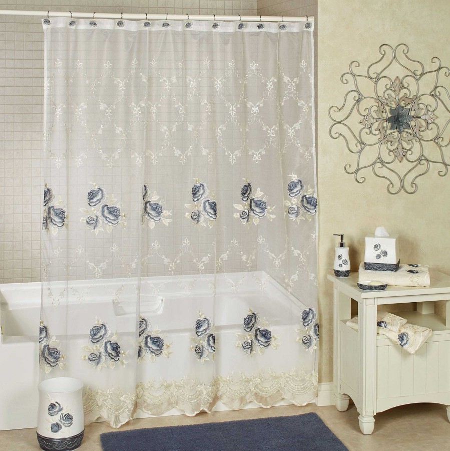 Bath Touch of Class | Blossom Rose Embroidered Floral Sheer Shower Curtain