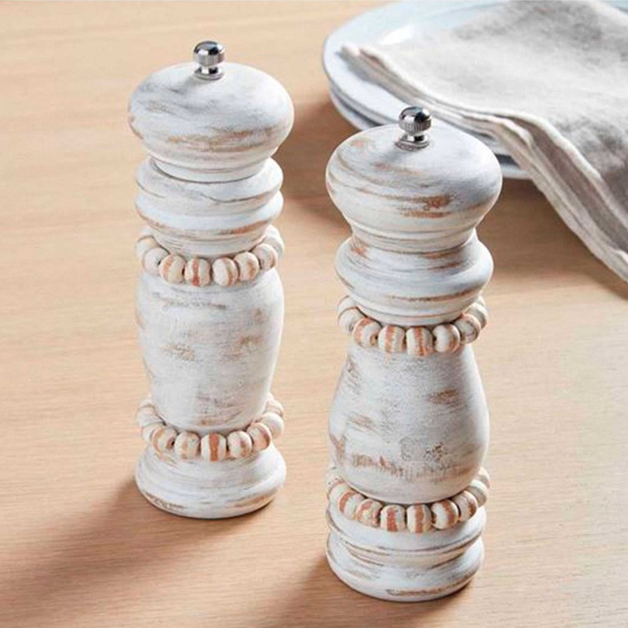 Kitchen Touch of Class | Beaded Whitewash Mango Wood Salt And Pepper Grinder Shaker Set