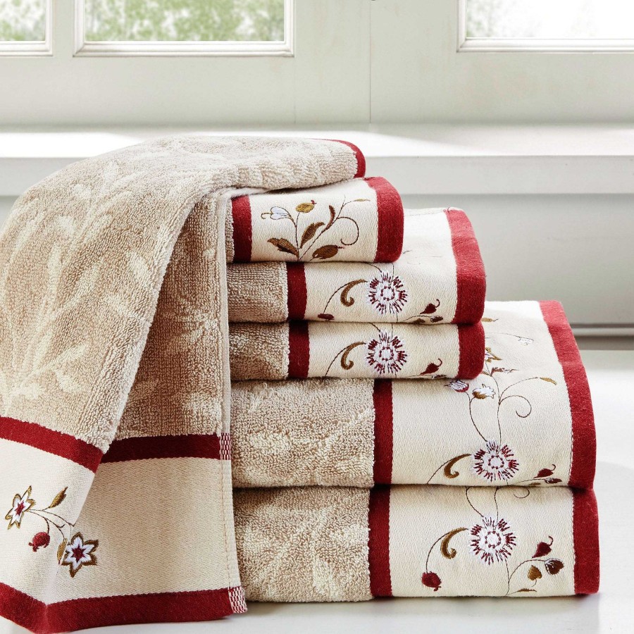 Bath Touch of Class | Floral Serenity Khaki And Burgundy 6 Pc Bath Towel Set