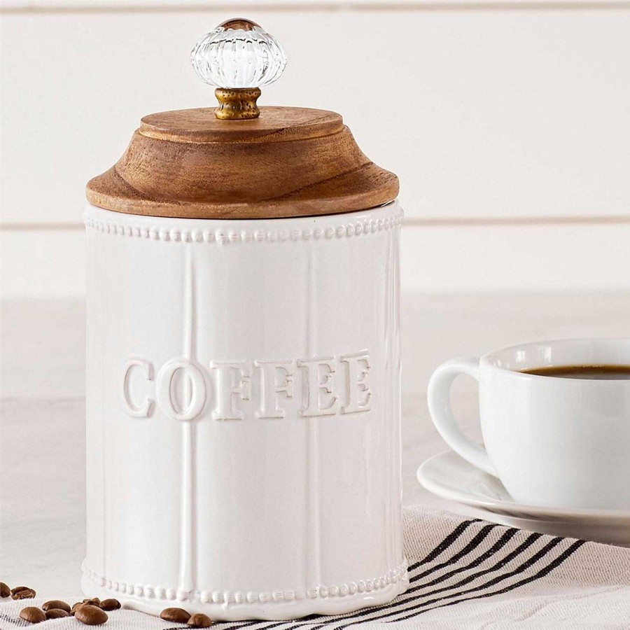 Kitchen Touch of Class | Circa White Ceramic Coffee Canister With Mango Wood Lid