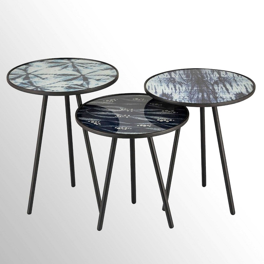 Furniture Touch of Class | Gregg Tripod Style Metal Accent Table Set With Round Printed Glass Tops