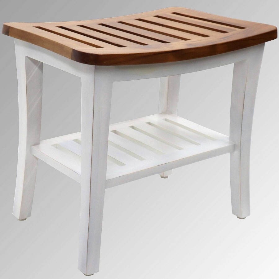 Bath Touch of Class | Averly Natural And White Indoor Outdoor Moisture Resistant Teak Wood Bench