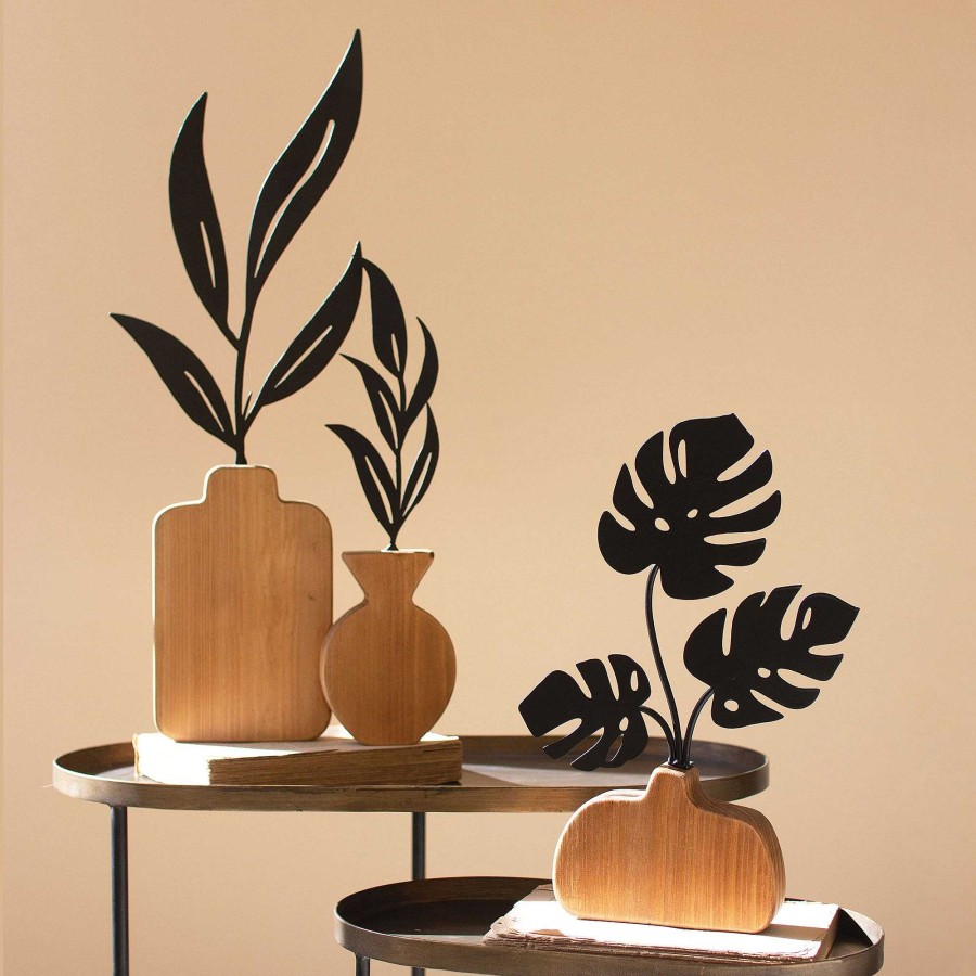 Home Accents Touch of Class | Potted Leaves Wooden And Metal Tabletop Sculpture Set