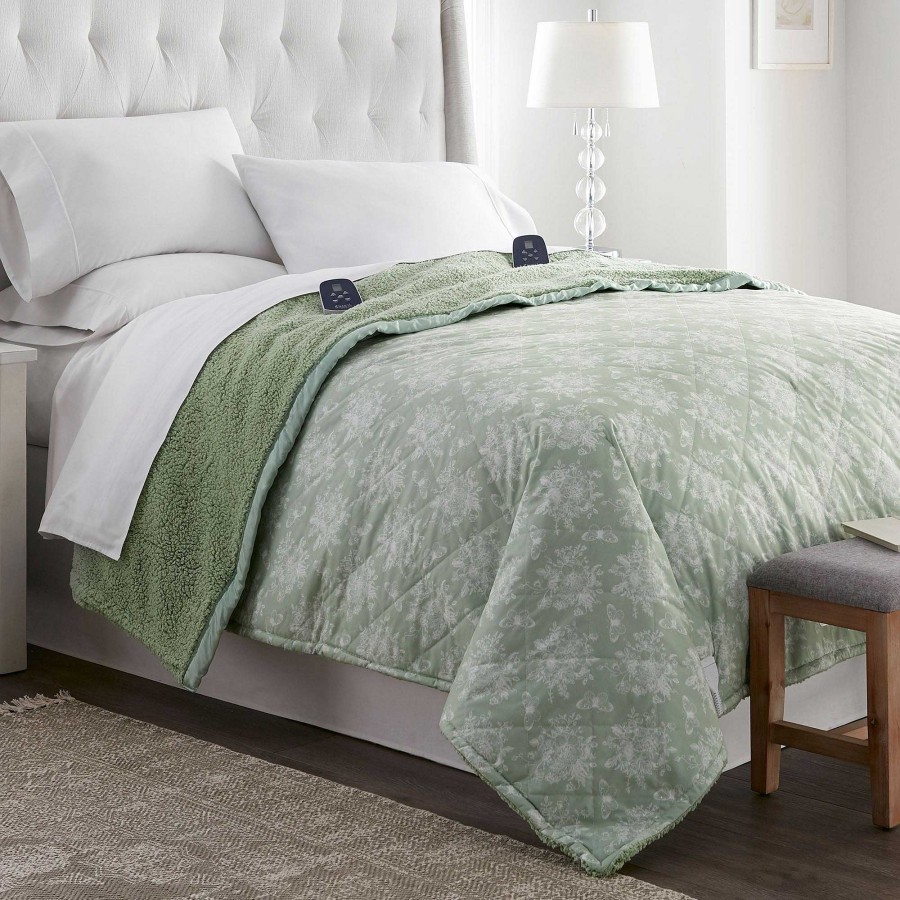 Bedding Touch of Class | Micro Flannel(R) Celadon Toile Electric Heated Blanket With Sherpa Back